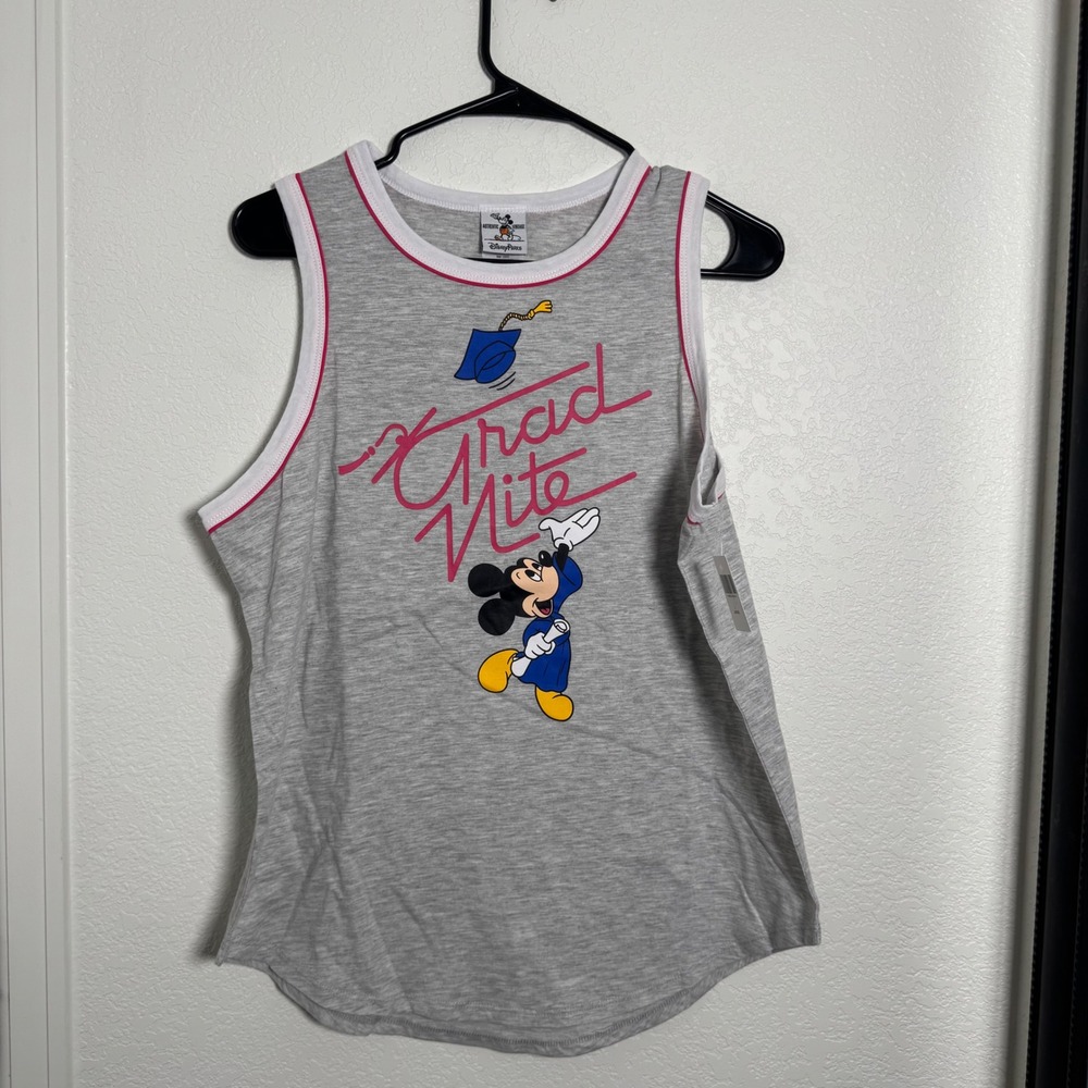 Disney Parks Tank Top Womens L Gray Mickey Mouse Grad Nite Ringer Vintage Style